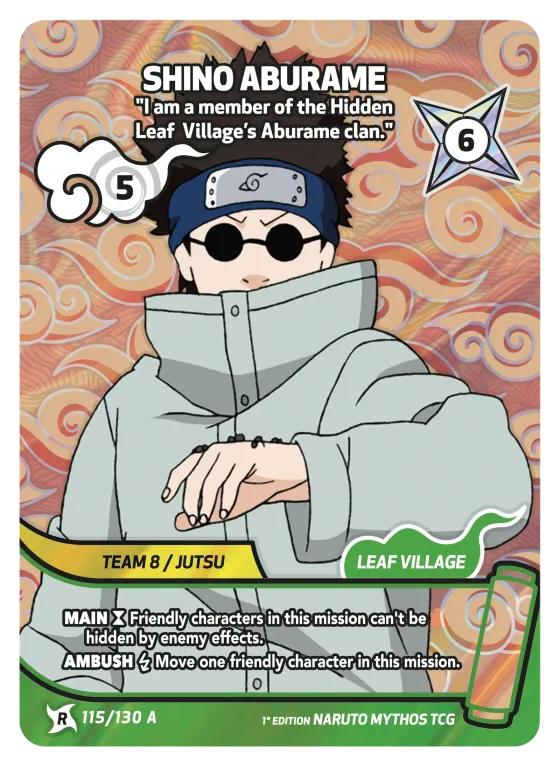 Shino Aburame — "I am a member of the Hidden Leaf Village's Aburame clan." — Naruto Mythos card KS-115-A