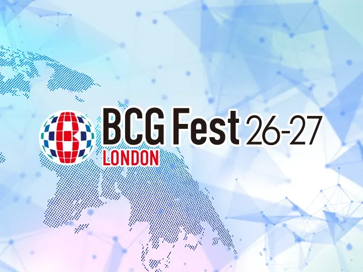 The BANDAI CARD GAMES Fest 26-27 in LONDON key visual, a pale blue world map with the BCG Fest 26-27 logo