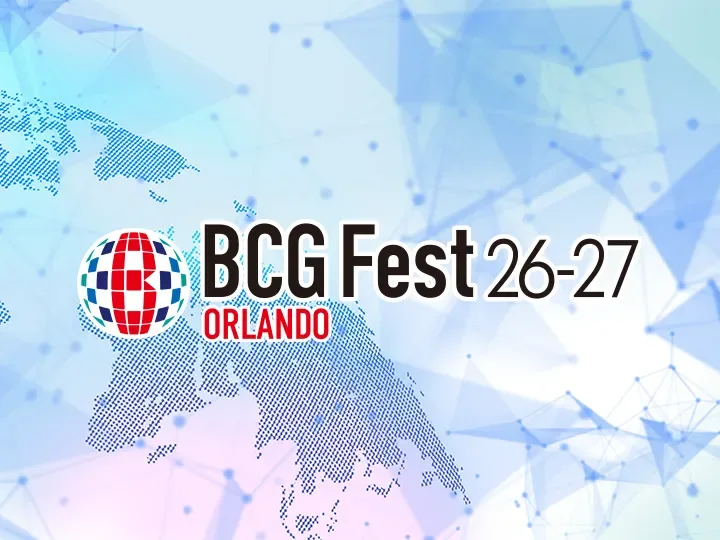 The BANDAI CARD GAMES Fest 26-27 in ORLANDO key visual, a pale blue world map with the BCG Fest 26-27 logo