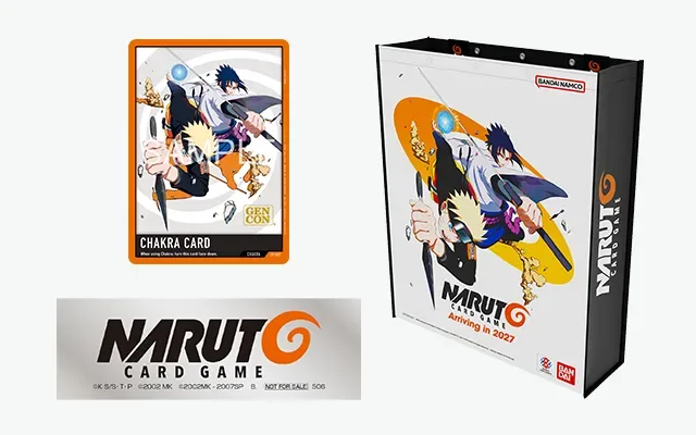 The Gen Con 2026 NARUTO CARD GAME participant gift set: the CP-001 Chakra Card in a Gen Con frame, a black and white tote style backpack, and a silver logo sticker