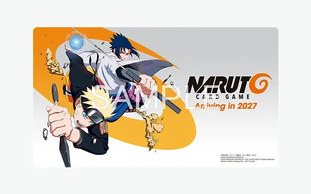 The NARUTO CARD GAME Official Playmat sample, with Naruto and Sasuke on an orange and grey field and the words Arriving in 2027
