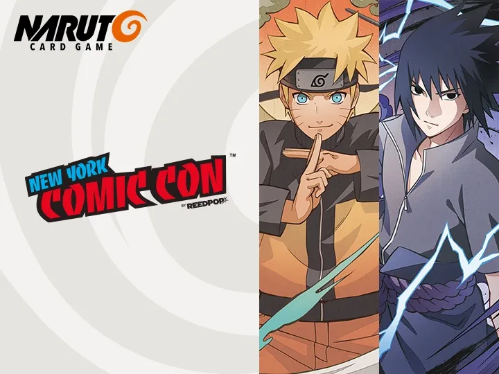 Bandai's New York Comic Con 2026 key visual for the NARUTO CARD GAME, with the NYCC logo beside portraits of Naruto and Sasuke