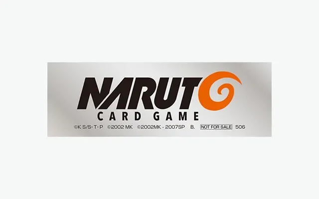 The NARUTO CARD GAME logo sticker, silver with black and orange lettering, marked NOT FOR SALE