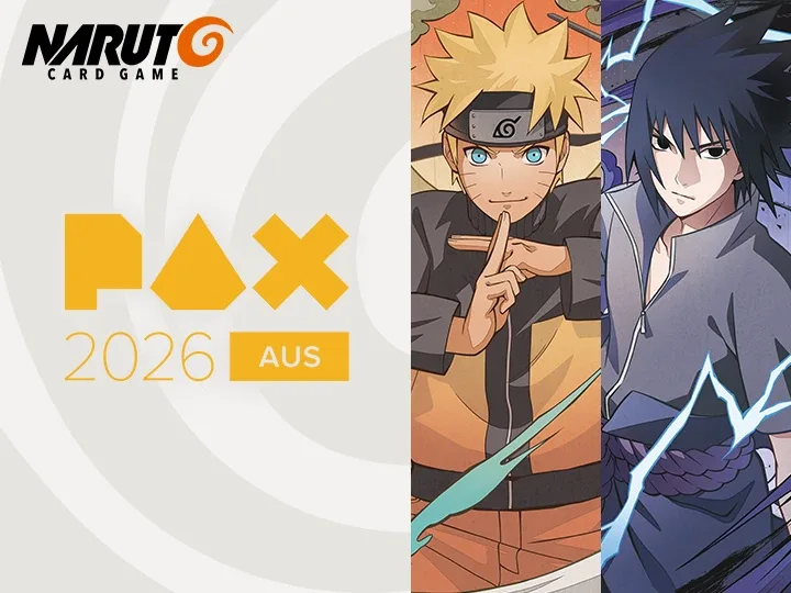 Bandai's PAX Aus 2026 key visual for the NARUTO CARD GAME, with the PAX 2026 AUS logo beside portraits of Naruto and Sasuke