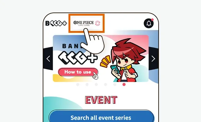 BANDAI TCG+ screenshot showing the TCG title selector at the top of the screen