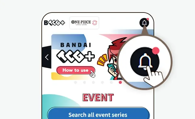 BANDAI TCG+ screenshot showing the notifications bell icon after registration