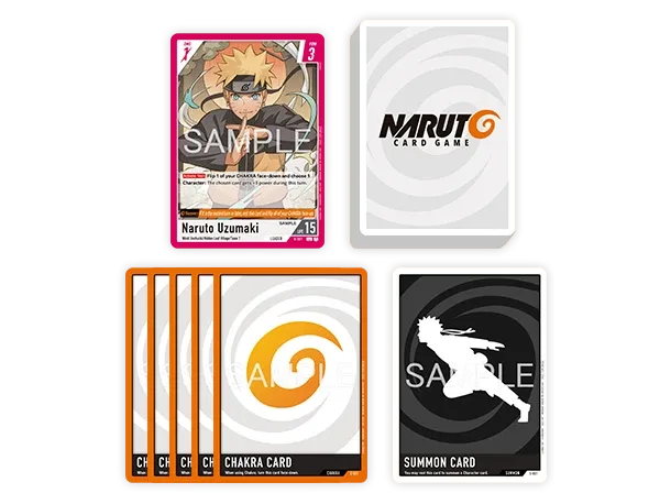 Bandai's diagram of a NARUTO CARD GAME deck: a Naruto Uzumaki Leader card, a stack of face-down main deck cards, five Chakra cards and one Summon card