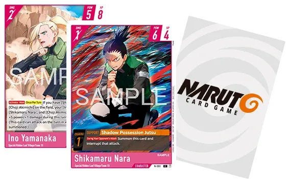 Two NARUTO CARD GAME character cards, Ino Yamanaka and Shikamaru Nara, the latter showing a Support ability called Shadow Possession Jutsu with a Chakra cost, next to a card back